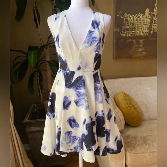 Seeing Chic Blue and Ivory Print Skater Dress, XS - Picture 6 of 14